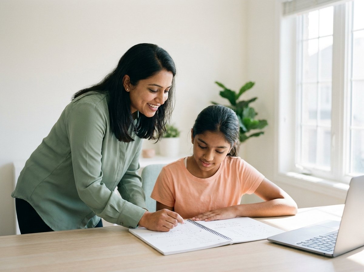 Illustrative scene of a tutor helping a student with a notebook at home